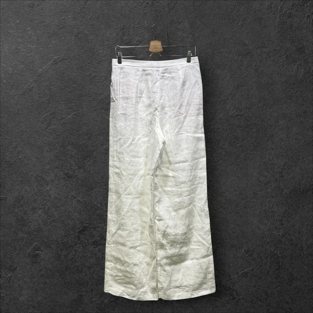Mango MNG White 100%‎ Linen Wide Leg Pleated Trousers High Rise Women Size 6